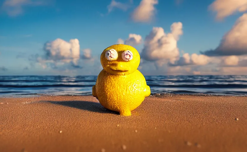 Image similar to 5 0 mm photograph, of a real anthropomorphic lemon character, with lemon skin texture, it is wearing a hat and scuba diving, building a sandcastle on the beach at sunset, beach, huge waves, sun, clouds, tropical trees, rim light, cinematic photography, professional, sand, sandcastle, volumetric lightening