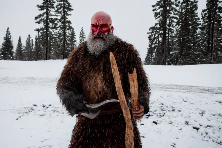 Image similar to vfx movie tough bald man in furs, natural grizzled skin, streaks of red face paint grey beard, holding two detailed viking axes, in snowy tahoe by emmanuel lubezki
