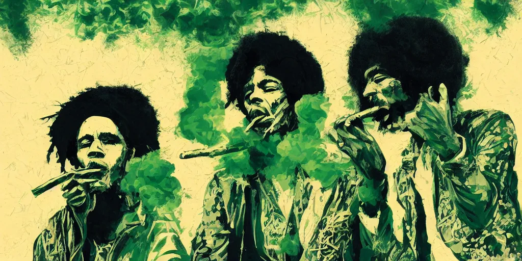 Image similar to Bob Marley and Jimi Hendrix smoking herb, very detailed, Green Smoke, large white border, hd, high resolution print :1 Red, Gold and Green by Sachin Teng, Tom Bagshaw, Greg Rutkowski, Carne Griffiths, trending on deviant art :1