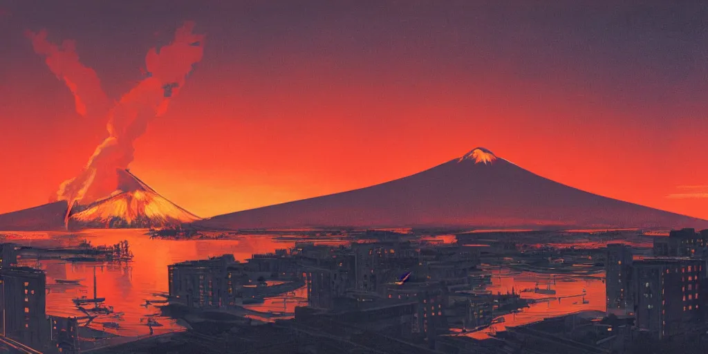 Prompt: ”large city with volcano erupting in the background in the sunset, photorealistic, by syd mead”