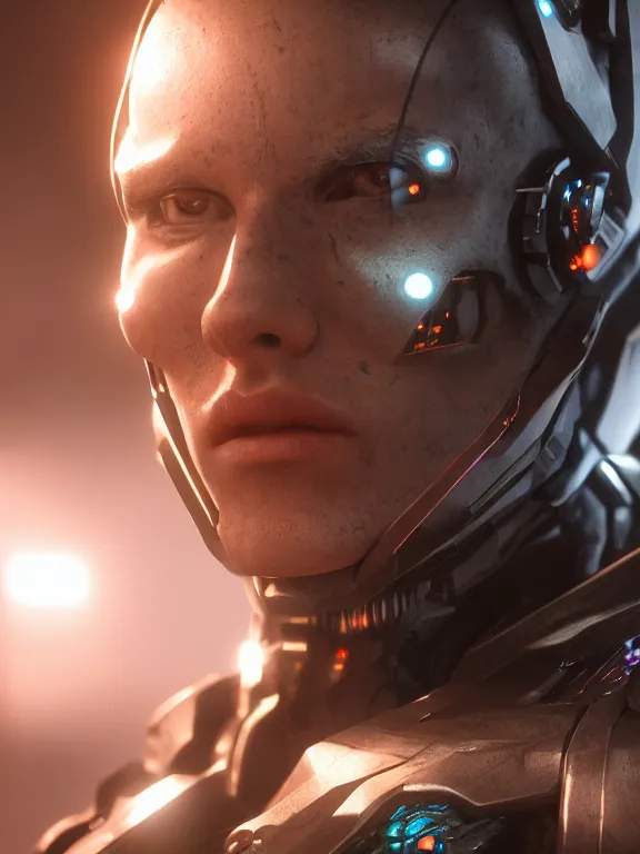 Image similar to portrait art of a cpu cyborg 8 k ultra realistic, lens flare, atmosphere, glow, detailed, intricate, full of colour, cinematic lighting, trending on artstation, 4 k, hyperrealistic, focused, extreme details, unreal engine 5, cinematic, masterpiece