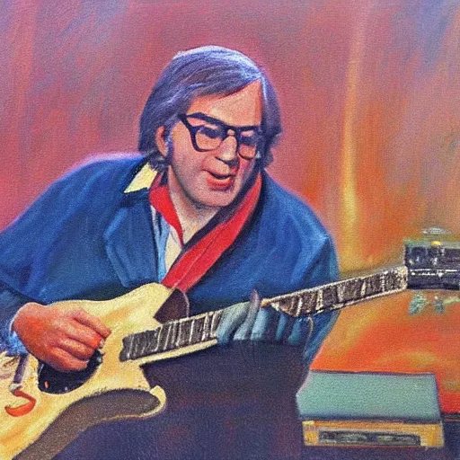 Image similar to John Sebastian playing keyboard on stage in 1967, oil painting, high detail, museum quality