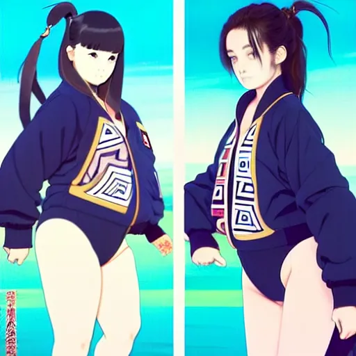Image similar to a beautiful plus sized model japanese natalie portman, alluring, wearing oversized mayan bomber jacket and leotard with overalls, bulky poofy bomber jacket with mayan patterns, aztec street fashion, gapmoe yandere grimdark, trending on pixiv fanbox, painted by greg rutkowski makoto shinkai takashi takeuchi studio ghibli, akihiko yoshida