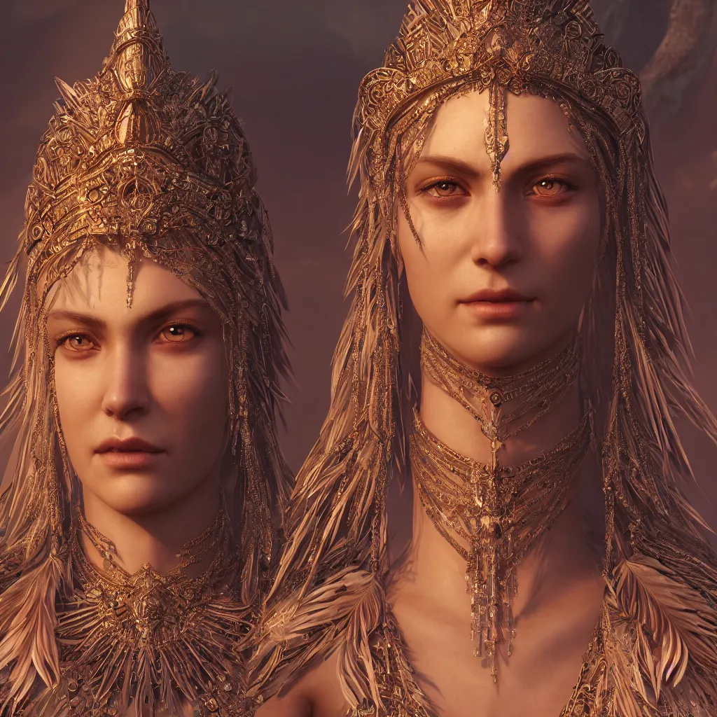 Image similar to portrait highly detailed beautiful symmetrical face high priestess intricate elegant detailed crystal jewellery with tribal feathers, volumetric lighting, digital painting, concept art, smooth, sharp focus 3 d, divine realm of gods, realistic cinematic style, octane render, photographic, concept art unreal engine 8 k by greg rutkowski