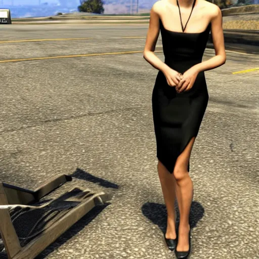 Image similar to Camilla Belle wearing a black dress in GTA 5.