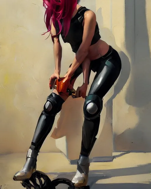 Image similar to greg manchess portrait painting of bunny cosplayer with female body, sitting on cyberpunk motorbike, medium shot, asymmetrical, profile picture, organic painting, sunny day, matte painting, bold shapes, hard edges, street art, trending on artstation, by huang guangjian and ail elvgren and sachin teng