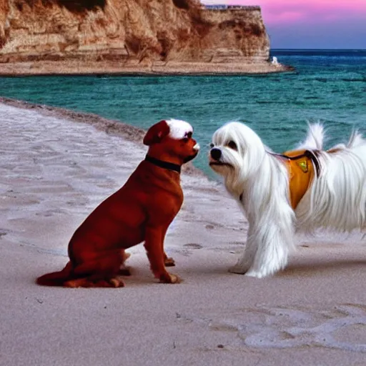 Image similar to maltese dog and calico cat on a cyberpunk beach