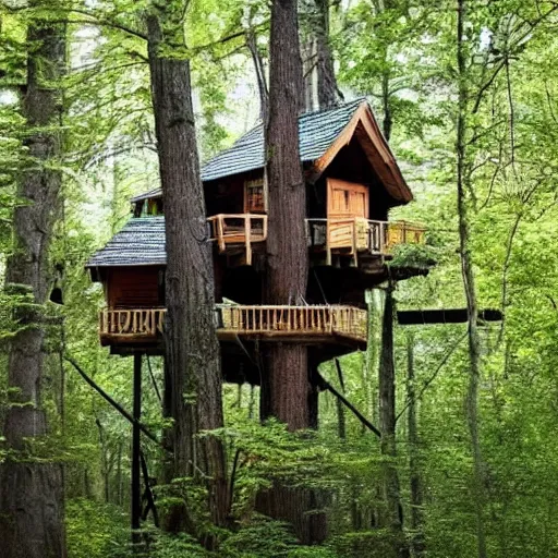 Image similar to treehouse in a forest, dreamy