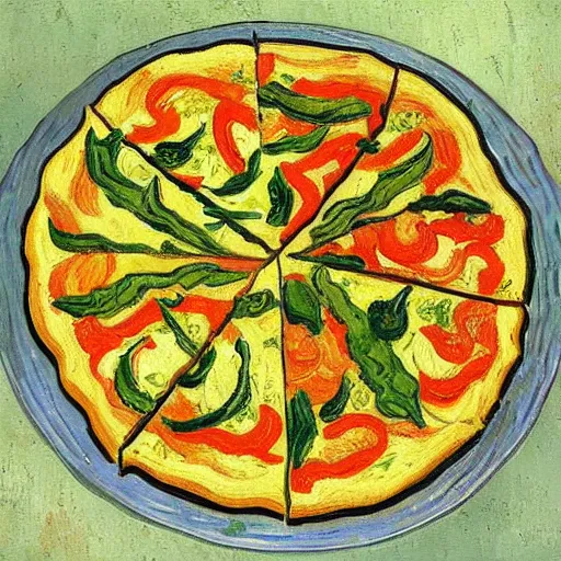Prompt: detailed vegetable pizza painting by van gogh