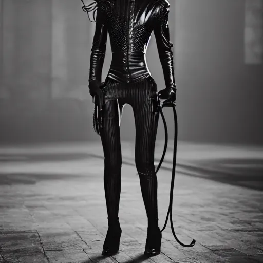 Image similar to fashion photography of an extraterrestrial model, holding a leather whip, wearing demobaza fashion, inside berghain, berlin fashion, harness, futuristic fashion, dark minimal outfit, photo 3 5 mm leica, hyperdetail, berghain, 8 k, very detailed, photo by nick knight