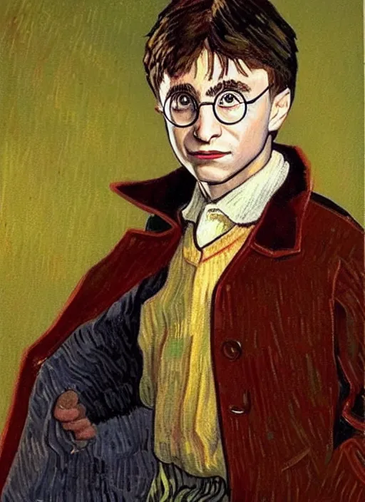 Image similar to lifelike oil painting portrait of harry potter by van gogh