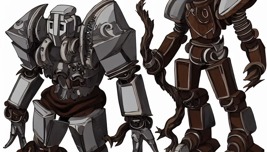 Image similar to warforged druid male anime character, wolf armor, cyborg, made of wood, made of metal, large robot, wolves, knight, medieval castle