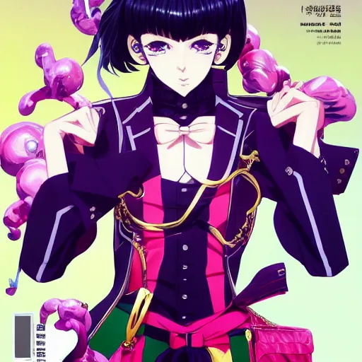 Image similar to Magazine Cover Anime key visual of a Gucci girl; official media; typography; drawn by Hirohiko Araki; Jojo's Bizarre Adventure; Jojolion, portrait, made by Stanley Artgerm Lau, WLOP, Rossdraws, James Jean, Andrei Riabovitchev, Marc Simonetti, Yoshitaka Amano, ArtStation