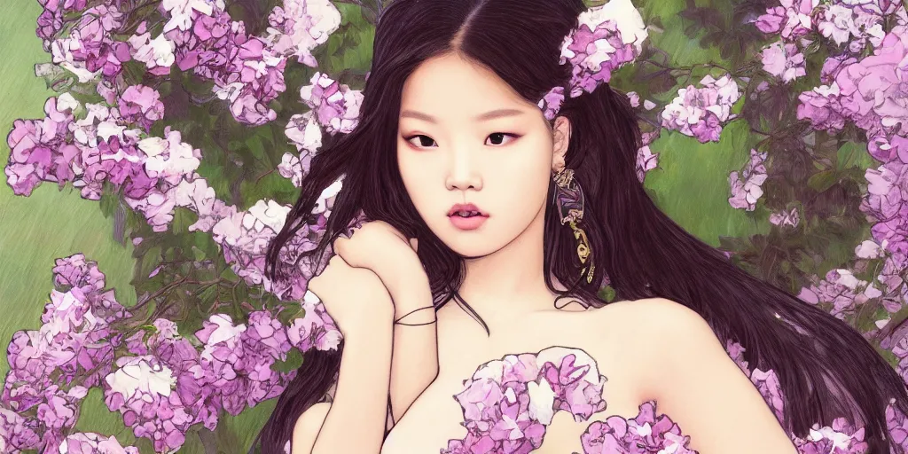Prompt: a portrait of a very seductive Jennie Kim Blackpink, hair full of flowers, photoillustration, realistic, closeup, facing the camera, dramatic lighting, in the style of WLOP and Alphonse Mucha and Kim Deuk-sin