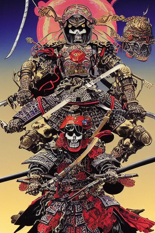 Image similar to poster of crazy skeletor samurai with japanese armor and helmet, by yoichi hatakenaka, masamune shirow, josan gonzales and dan mumford, ayami kojima, takato yamamoto, barclay shaw, karol bak, yukito kishiro