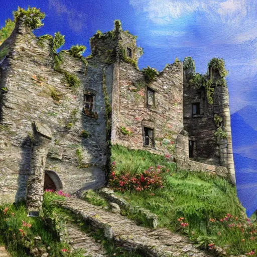 Image similar to old castle ruins on top of mountain in the village of verclause france, digital painting, realism, 4 k,