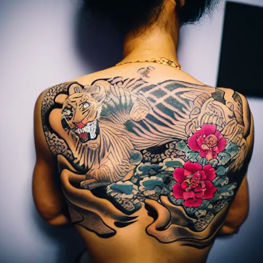Image similar to photography of the back of a woman with an detailed irezumi tatto representing a tiger with flowers, mid-shot, editorial photography