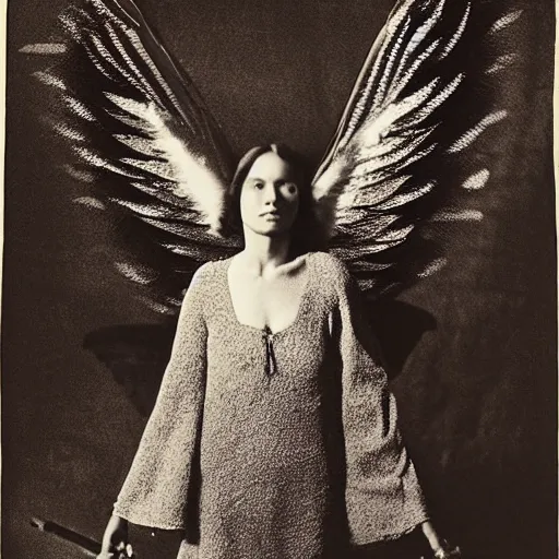 Prompt: by edward weston cosy, ominous. a digital art of a woman with wings made of stars, surrounded by a blue & white night sky. the woman is holding a staff in one hand, & a star in the other. she is wearing a billowing dress, & her hair is blowing in the wind.