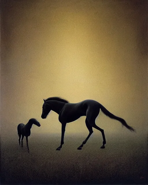 Image similar to painting of hybrid between black weimaraner & black stallion horse! & intercrossed animal, by zdzislaw beksinski, by mattias adolfsson, symmetry, single object scene, beautiful composition, 8 k, shot, depth of view,