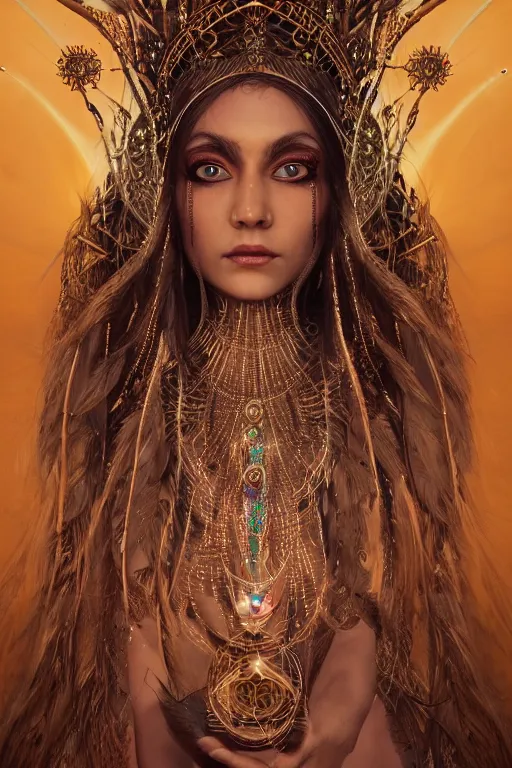 Image similar to a centered render of a single alluring mystical tribal goddess adorned with feathers and gemstones and cables and synthesizer parts is surrounded by sacred geometry made from elven architecture, full body, gorgeous, perfect face, powerful, cinematic, beautifully lit, by artgerm, by karol bak, 3 d, trending on artstation, octane render, 8 k