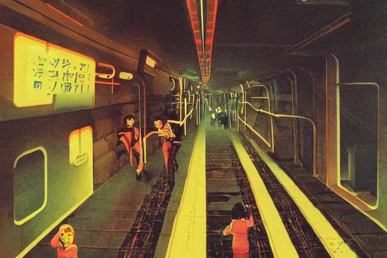 Image similar to 1979 OMNI Magazine Cover focused on a ladder to a dark subway tunnel. In the background are far off views of neo-Tokyo outskirts in cyberpunk style by Vincent Di Fate