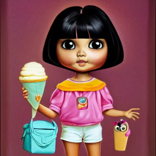 Prompt: dora the explorer as real girl holding ice cream, Pop Surrealism lowbrow style, creepy doll by Mark Ryden, artstation