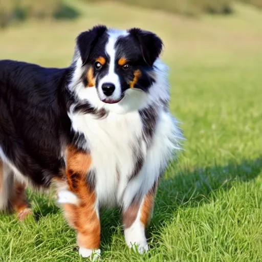 Image similar to australian shepherd with one eyepatch in a field on a sunny day