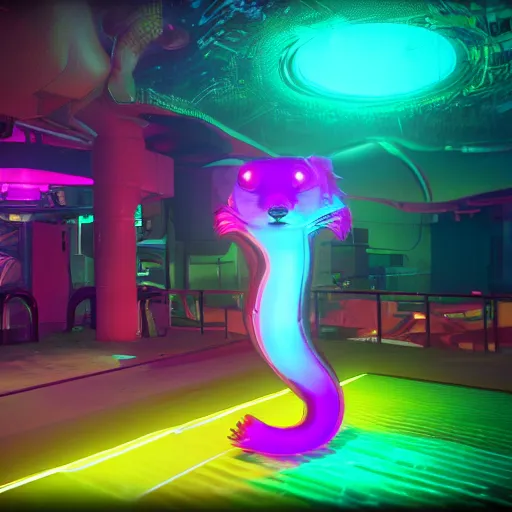 Image similar to neon fluorescent, iridescent cute ferrets cyperpunk 2 0 7 7, unreal engine 5, 8 k ultra realistic, hyperdetailed, volumetric lighting, extremely high quality