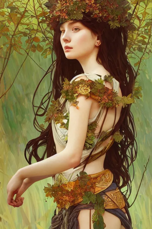 Image similar to beautiful ancient girl in makeshift leaf armor, highly detailed, digital painting, artstation, sharp focus, illustration, art by tan zi and ayanamikodon and alphonse mucha and wlop