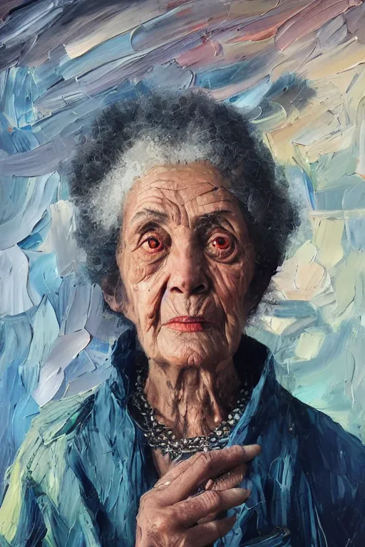 Image similar to palette knife oil painting portrait of ariadne, a mysterious spiritual guide who is a chain smoking old lady in an ashen trench coat. extreme detail, any racial background, artstation trending, artgerm, deviant art, octane, substance, art history 8 k