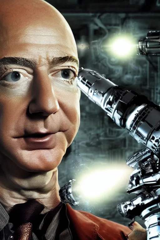 Image similar to jeff bezos as a filthy alien invader with a laser weapon from a pulp movie, photorealistic, cinematic lighting, highly detailed, very intricate, by hr giger