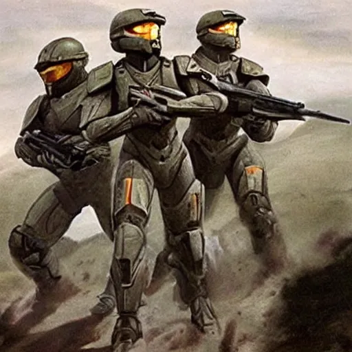 Prompt: halo spartans in world war 2, old movie, dramatic, detailed, colorized, recolor, old movie scene, 1 9 4 0 france