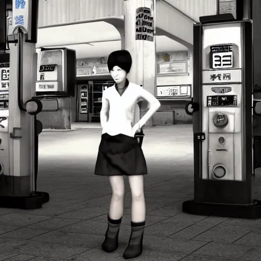 Image similar to a chinese woman at a gas station, video game, 3 d render, source engine, half life 2, portal 2, gmod, portrait, fashion photography, by david bailey, mario testino, davide sorrenti