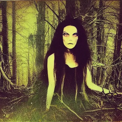 Image similar to found photo of a creepy beautiful witch woman with long hair floating in a forest, magical dark and spooky, flash photography