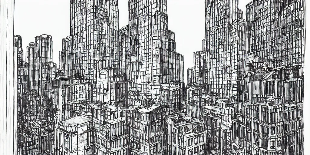 Prompt: A drawing showing a city of tall buildings with high windows, with a tall bat-person landing on the street in front of us, by Yoshitaka Amano