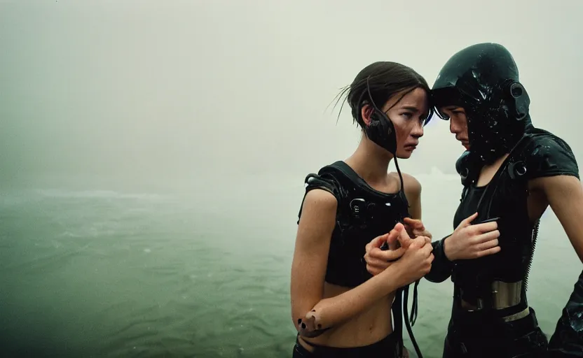 Image similar to cinestill 5 0 d candid photographic portrait by helen levitt of two loving female androids wearing rugged black mesh techwear in treacherous waters, extreme closeup, modern cyberpunk moody emotional cinematic, dust storm, 8 k, hd, high resolution, 3 5 mm, f / 3 2, ultra realistic faces, ex machina