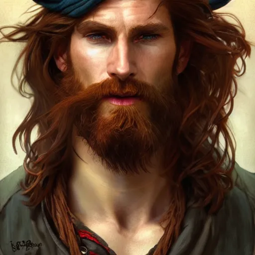 Prompt: portrait of a young ruggedly handsome but joyful pirate, male, masculine, upper body, red hair, long hair, d & d, fantasy, piercing gaze, sharp features, intricate, elegant, highly detailed, digital painting, artstation, concept art, matte, sharp focus, illustration, art by artgerm and greg rutkowski and alphonse mucha