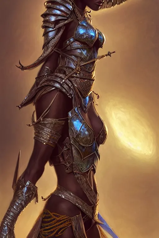 Image similar to african drow princess, wearing armour, highly detailed, d & d, fantasy, highly detailed, digital painting, trending on artstation, concept art, sharp focus, illustration, global illumination, ray tracing, realistic shaded, art by artgerm and greg rutkowski and thomas cole and wayne barlowe