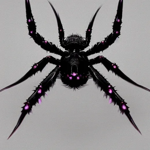 Image similar to Kumoko, a White and black patterened spider with pink eyes and spikes on it's back, CGI, anime, Kumo Desu ga Nani ka?, digital 3D drawing, sharp focus, concept-art, art by artgerm and greg rutkowski and alphonse mucha