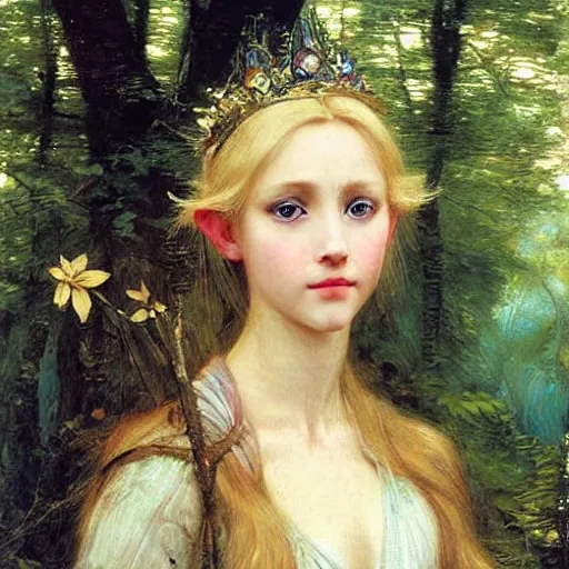 Image similar to portrait of a blue eyed, blonde haired crowned queen of summer with light elvish overtones and a forest background by John WIlliam Waterhouse