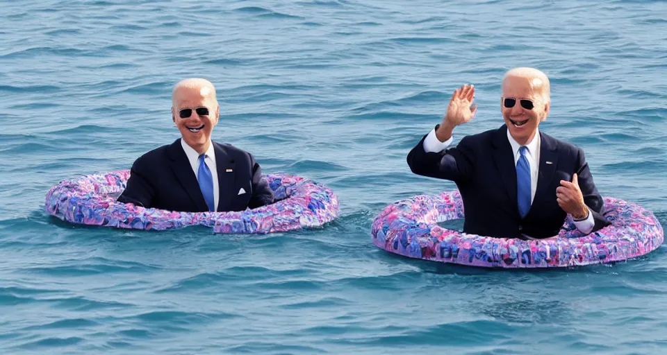 Prompt: joe biden sitting on a floating ring in the ocean