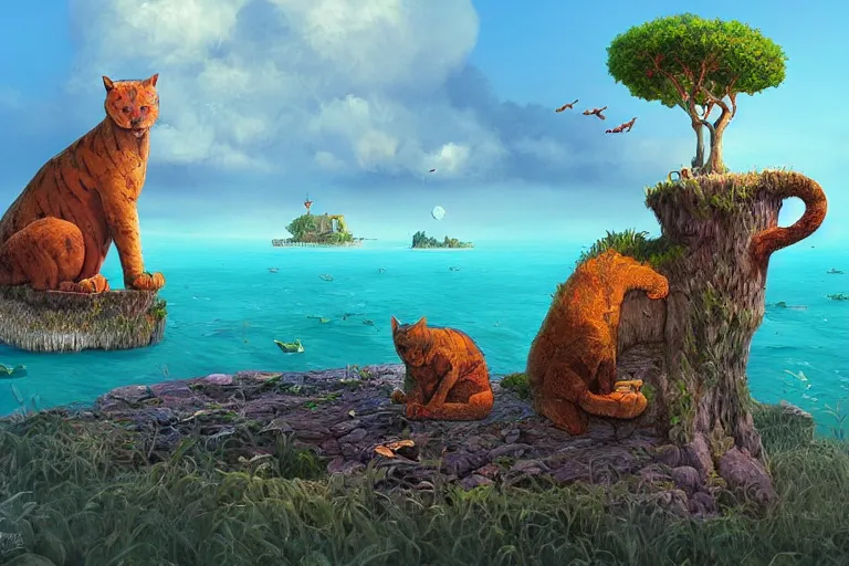 Prompt: one big cat sitting on an island in the middle of the ocean, summer morning, very coherent and colorful high contrast, art by gediminas pranckevicius, geof darrow, dark shadows, hard lighting