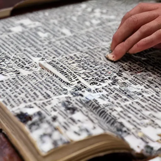 Prompt: Photograph of a book being constructed out of pieces like a giant puzzle