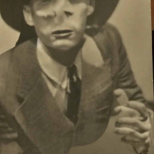 Image similar to A photograph portrait of Jerma985 wearing a suit with and fedora in the 1940s, taken in the early 1940s, grainy, taken on a 940s Kodak Camera, realistic, hyperrealistic, very realistic, highly detailed, very detailed, extremely detailed, detailed, digital art, trending on artstation