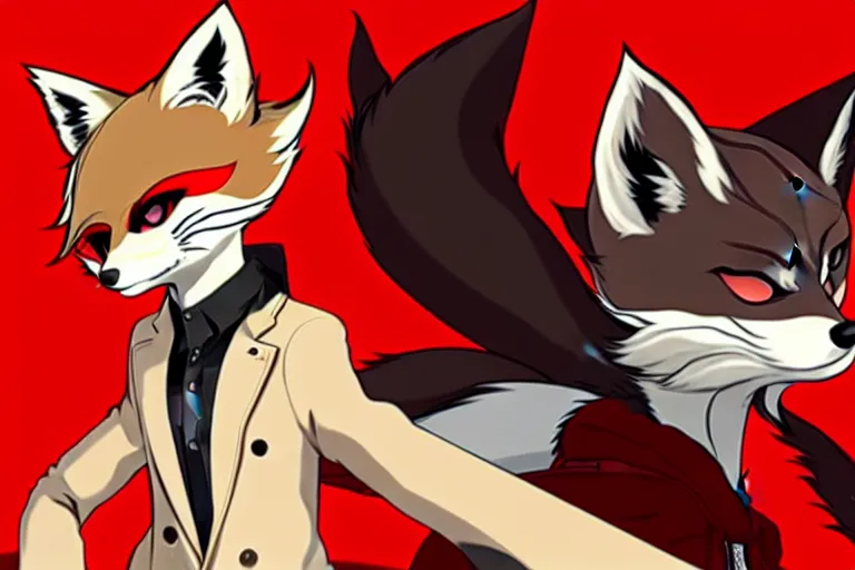 Image similar to a furry tan male fox on a persona 5 : royal ( by atlus ) video game splash screen, a furry male sandy sand - colored beige tan fur fox fursona ( has light brown hair ), persona 5 phantom thief style