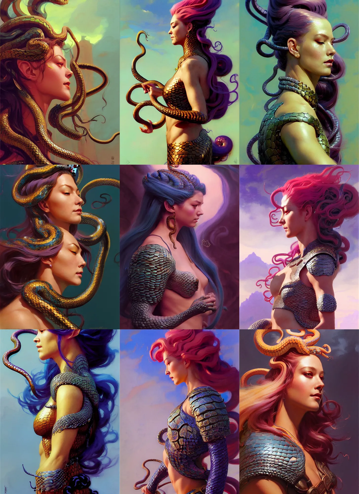 Prompt: side profile, medusa, naga, snake hair, snake scales, heavy metal scale armor, dreamy colors, by greg manchess, huang guangjian, gil elvgren, sachin teng, greg rutkowski, jesper ejsing, ilya kuvshinov