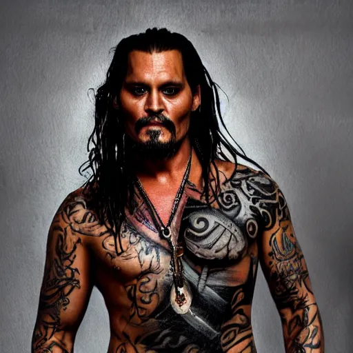 Prompt: portrait of johnny depp as khal drogo from games of thrones, mascular, broad shoulder, tattooed body, six packs, symmetrical, nikon 3 5 mm photography, ultrarealistic