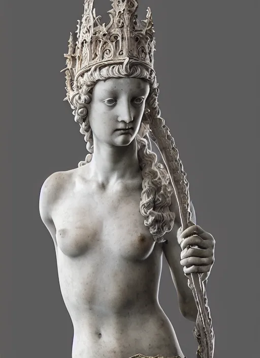 Image similar to medieval female guardian, elegant, filigree renaissance sculpture from marble and fur, brilliant symmetry, created by verrocchio andrea, leonardo da vinci, sandro botticelli, raffaelle monti, epic 7 0 mm lens shot, artstation trending, photorealism, sharp focus, smooth, establishing shot, sense of awe