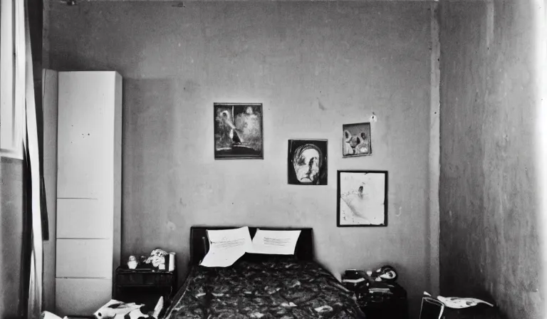 Prompt: A bedroom designed by William Burroughs, 35mm film, long shot