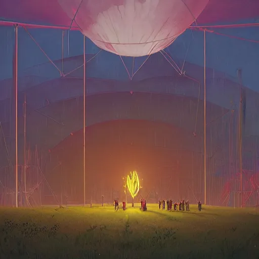 Image similar to A weird circus, by Simon Stålenhag, Makoto Shinkai and Bruce Pennington